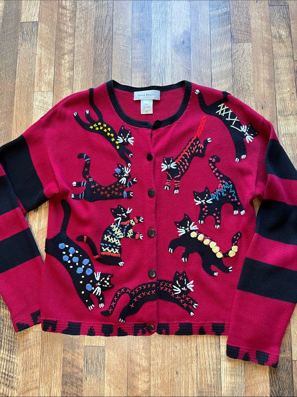 Vintage Susan Bristol Ruby Red Cat Embroidered Button-Front Cardigan